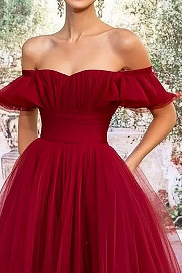 Burgunder Off the Shoulder Tyll A-linje lang ballkjole